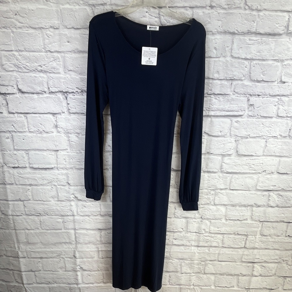LAmade NWT Minimalist Boho Navy Stretch Tie Back Micromodal Midi Dress Size M